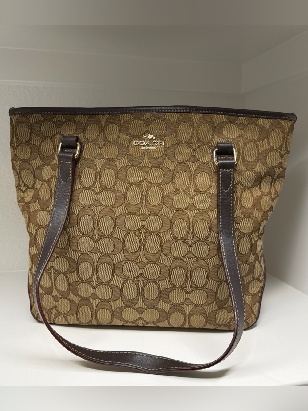 Coach Signature Monogram Tote Bag Brown Canvas Leather Shoulder Purse